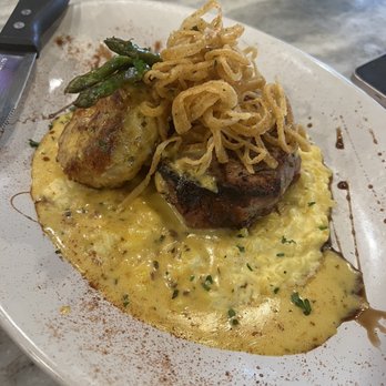 2 Twelve Seasonal Kitchen + Bar - Filet Napoleon  Filet server over Parmesan risotto,asparagus, topped with crab cake , bearnaise , balsamic reduction - Wine Bars Near Me - Mebane, North Carolina