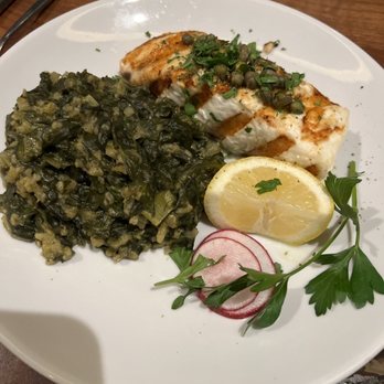 Limani Grille - Halibut with Spanakorizo - Mediterranean Near Me - Commack, New York Limani Grille - Halibut with Spanakorizo - Mediterranean Near Me - Commack, New York