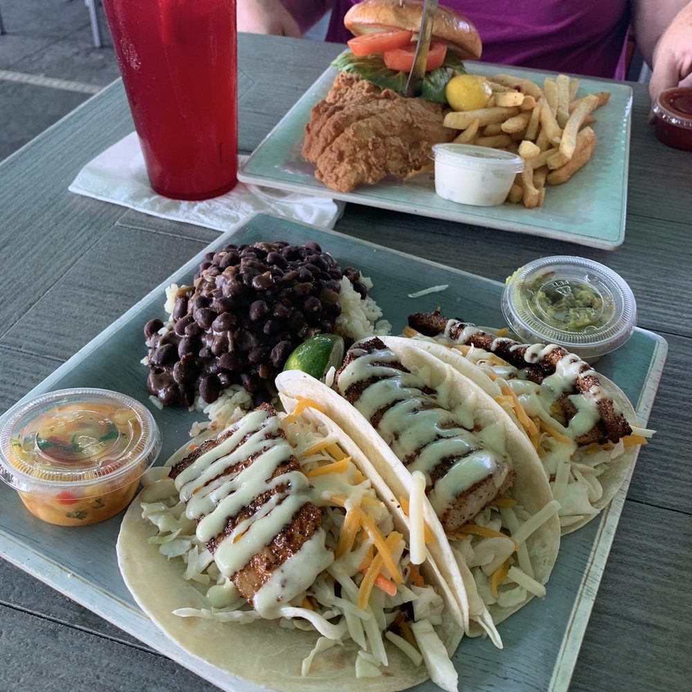 Sam's Beach Bar - Blackened mahi tacos with beans and rice and grouper sandwich with fries - Seafood Near Me - Hudson, Florida Sam's Beach Bar - Blackened mahi tacos with beans and rice and grouper sandwich with fries - Seafood Near Me - Hudson, Florida