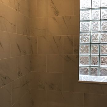 Tigele Tile & Mosaics, Inc - Sorry lighting isn't great but the 12x18 wall tiles and quartz shelf look fantastic. - Tiling Near Me Tigele Tile & Mosaics, Inc - Sorry lighting isn't great but the 12x18 wall tiles and quartz shelf look fantastic. - Tiling Near Me
