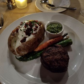 The Brickyard - Petite filet mignon with chimichurri sauce and a mega baker. - Steakhouses Near Me - Boise, Idaho The Brickyard - Petite filet mignon with chimichurri sauce and a mega baker. - Steakhouses Near Me - Boise, Idaho