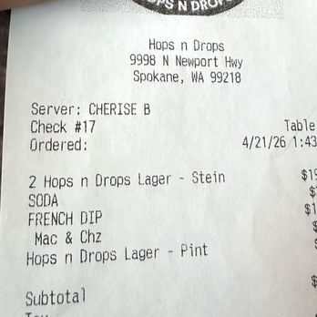 Hops n Drops - Cherise was our server. Excellent service! - New American Near Me - Spokane, Washington
