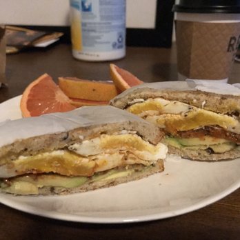 Rex - Eggs, bacon, avocado and hot sauce breakfast sandwich on 9 grain. - Coffee & Tea Near Me - New York, New York Rex - Eggs, bacon, avocado and hot sauce breakfast sandwich on 9 grain. - Coffee & Tea Near Me - New York, New York