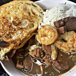 Lamors Creole Kitchen - Nola special Seafood gumbo with grilled cheese