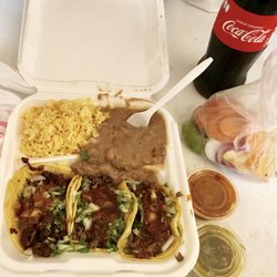 Tacos Estrella - 3 taco combo platter with all the fix-ins. Also the cola is in a glass bottle! It looks just like the plastic one