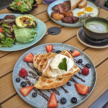 Wara Cafe - Croffles, breakfast burrito, steak & eggs, iced ube latte, & Shrek Latte  IG: foodie_v - Cafes Near Me - Chino, California