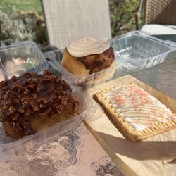 Grumpy's Cafe - Maple pecan sticky bun, cinnamon roll, raspberry tart