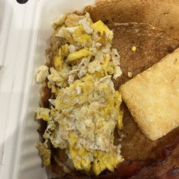 bacon, eggs, hash browns and toast bacon, eggs, hash browns and toast