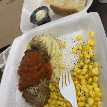 Shartel Cafe - Meatloaf with mashed potatoes & corn with bread... yummm - Breakfast & Brunch Near Me - Oklahoma City, Oklahoma
