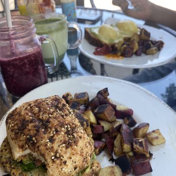 The Farmhouse Kitchen - Veggie burger with sweet potato. Drinks are lavender lemonade & green matcha tea - Breakfast & Brunch Near Me - West Reading, Pennsylvania The Farmhouse Kitchen - Veggie burger with sweet potato. Drinks are lavender lemonade & green matcha tea - Breakfast & Brunch Near Me - West Reading, Pennsylvania