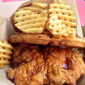 Bruxie - Fried Chicken Waffle with a Side of Waffle Fries - Sandwiches Near Me - Orange, California