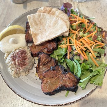 Crimson - Lamb loin chops with 2 sides (babaganoush (grilled mashed eggplant) and sweet potato fries) - Mediterranean Near Me - Santa Monica, California Crimson - Lamb loin chops with 2 sides (babaganoush (grilled mashed eggplant) and sweet potato fries) - Mediterranean Near Me - Santa Monica, California