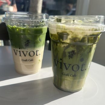 Vivot Craft Cafe - matcha latte (left) matcha einspanner (right) - Bubble Tea Near Me - Fullerton, California