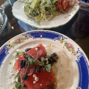 Tiny Paris Carolina - Front - watermelon salad and feta (special), back - lemony caesar salad with lobster salad - Wine Bars Near Me - Newberry, South Carolina Tiny Paris Carolina - Front - watermelon salad and feta (special), back - lemony caesar salad with lobster salad - Wine Bars Near Me - Newberry, South Carolina
