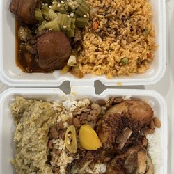 Bani Restaurant - Spanish rice, chicken stew, Okra; grilled chicken, mashed plantain, rice and beans