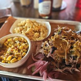 Maque choux, Mac n' cheese, pulled pork with mustard sauce, refrigerator pickled onion & cucumber