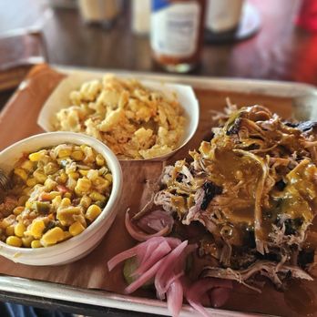 Big Easy BBQ - Maque choux, Mac n' cheese, pulled pork with mustard sauce, refrigerator pickled onion & cucumber - Barbeque Near Me - Holly Springs, Georgia