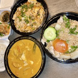 Thai Samurai - Gyoza(came with 5 picture was after I ate some), chicken pad Thai , massaman curry , house fried rice