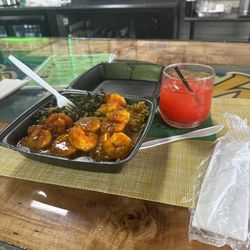 Guava Island - Curry Shrimp with Collards and Rice and beans