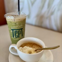 White chocolate pistachio latte and affogato