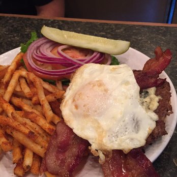 The Cracked Egg - Blue cheese bacon burger w/ an added egg - Breakfast & Brunch Near Me - Henderson, Nevada The Cracked Egg - Blue cheese bacon burger w/ an added egg - Breakfast & Brunch Near Me - Henderson, Nevada
