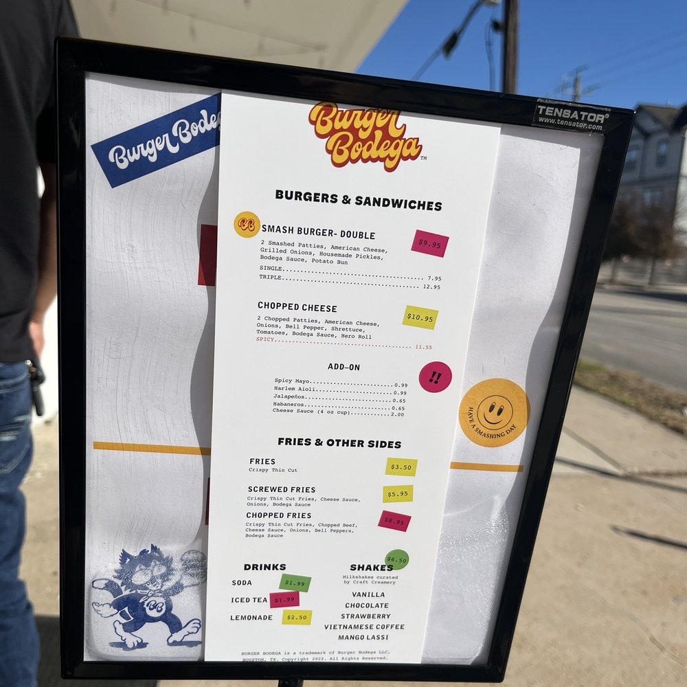 Burger Bodega - Menu outside to check while you wait to get in - Burgers Near Me - Houston, Texas Burger Bodega - Menu outside to check while you wait to get in - Burgers Near Me - Houston, Texas