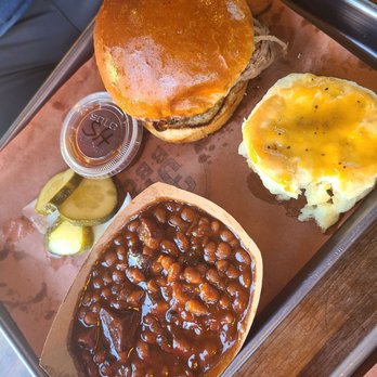 317 BBQ - Pulled Pork Sandwich with Baked Beans and Biscuit - Barbeque Near Me - Indianapolis, Indiana