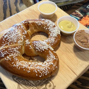 Prost Reno Biergarten - Pretzel with beer cheese, mustard and bacon jam - Beer Gardens Near Me - Reno, Nevada Prost Reno Biergarten - Pretzel with beer cheese, mustard and bacon jam - Beer Gardens Near Me - Reno, Nevada