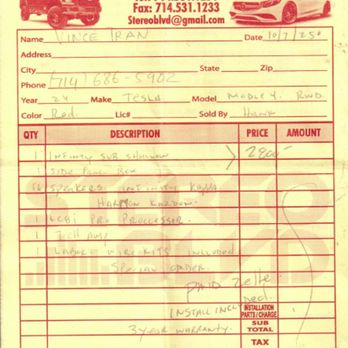 Stereo Blvd - receipt for Tesla model y 2024 RWD stereo pkg upgrade - Car Stereo Installation Near Me - Santa Ana, California Stereo Blvd - receipt for Tesla model y 2024 RWD stereo pkg upgrade - Car Stereo Installation Near Me - Santa Ana, California
