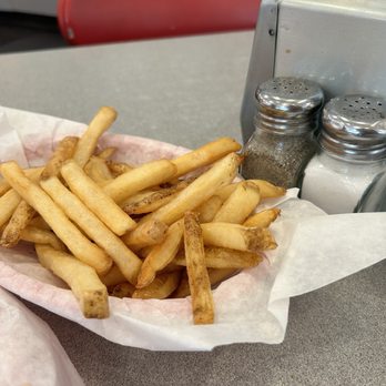 Jeffrey's Hamburgers - Single order of fries. Salt and pepper shakers for scale. - Burgers Near Me - Menlo Park, California Jeffrey's Hamburgers - Single order of fries. Salt and pepper shakers for scale. - Burgers Near Me - Menlo Park, California