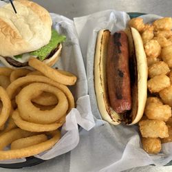 Valley cheeseburger with onion rings and well done hot dog (by request) with tater tots.