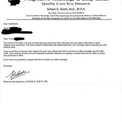 Progressive Neurology and Sleep Center - Letter from Progressive Neurology to me when I was a patient