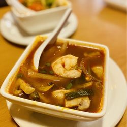 Basil Leaf - Tom Yum Goong Soup in front w/Shrimp, "King of The Sea Soup" in back. One has shrimp/one has mixed seafood. Both Excellent.