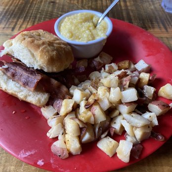 Bella's Breakfast & Lunch - Bacon biscuit with home fries and grits. - Breakfast & Brunch Near Me - Banner Elk, North Carolina