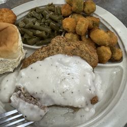 Seneca Family Restaurant - Country fried steak with white gravy, green beans and fried okras.