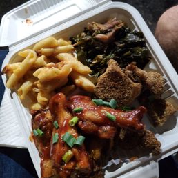 Lil Bear $22 - Mac and cheese, collar greens with smoked turkey, wings and catfish.