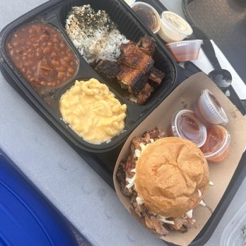 Odd BBQ - Pulled pork sandwich, smoked pork belly with baked beans - New American Near Me - Chantilly, Virginia Odd BBQ - Pulled pork sandwich, smoked pork belly with baked beans - New American Near Me - Chantilly, Virginia