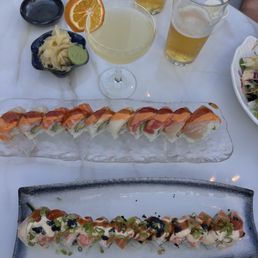 The Broadway roll, and the Oak Park roll, and various delightful beverages The Broadway roll, and the Oak Park roll, and various delightful beverages