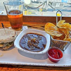 Blue/Point Brewing - Eiffel Burger served on English muffin with French onion soup for dipping!