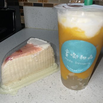 Me-Do Desserts - Rose Mille Crepe Cake, Mango Juice With Snow White - Desserts Near Me - Brooklyn, New York