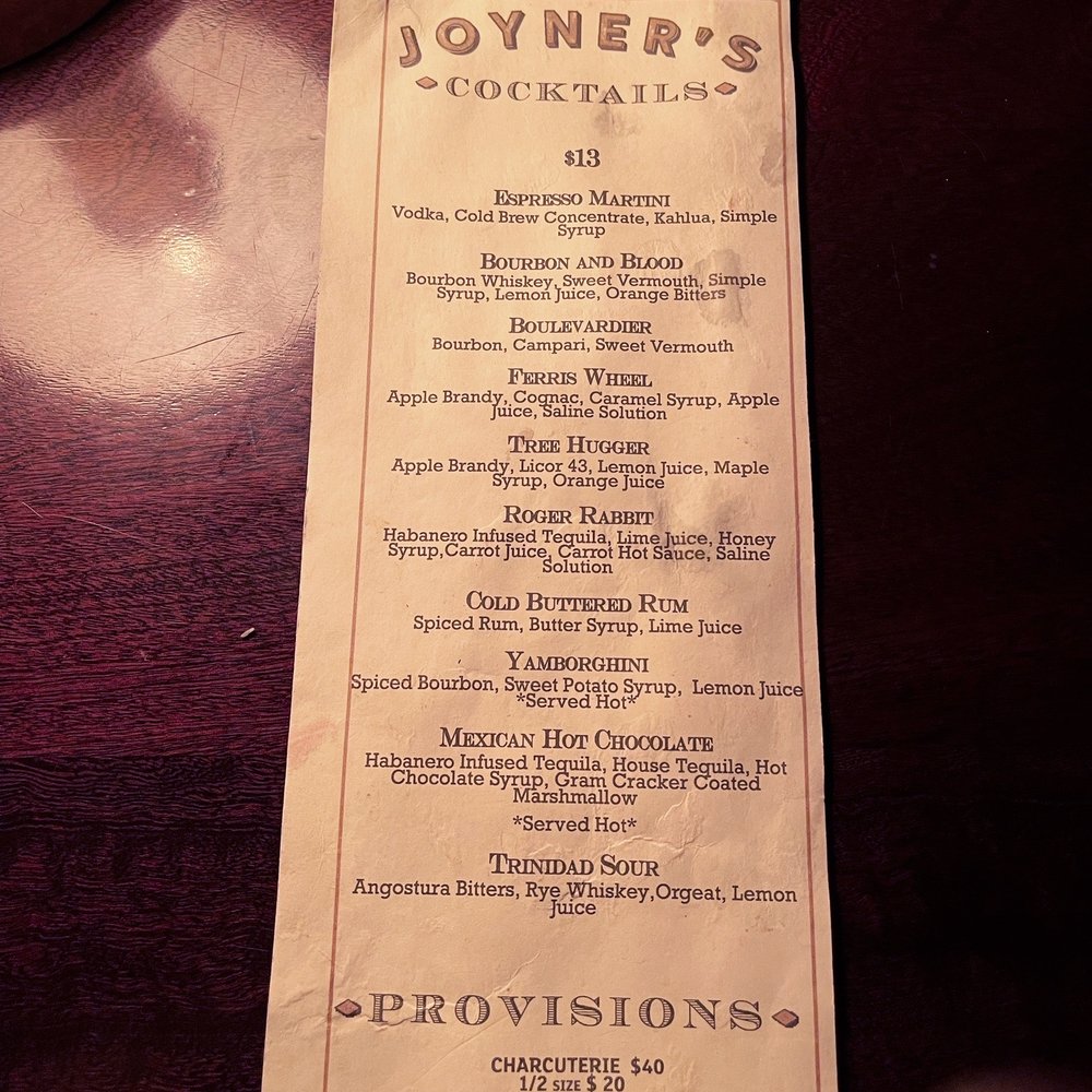 Joyner's Bar - Cocktail menu 10/22/22 - Wine Bars Near Me - Winston-Salem, North Carolina