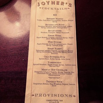 Joyner's Bar - Cocktail menu 10/22/22 - Wine Bars Near Me - Winston-Salem, North Carolina