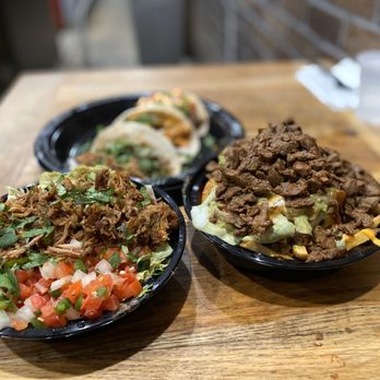 Brick and Flour - Carnitas bowl, carne asada fries (small), and three tacos - Mexican Near Me - Glendale, California