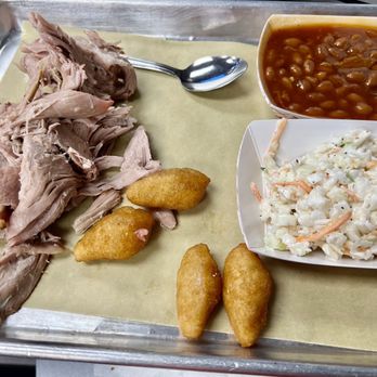 Daddy D’s BBQ - Pulled pork with baked beans, cole slaw & hush puppies. - Barbeque Near Me - Benson, North Carolina