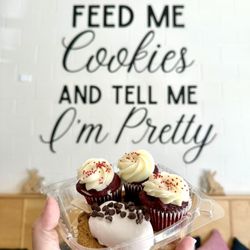 Just Baked - Mini red velvets, cookie dough cakesicle, flagship choco chip toffee cookie