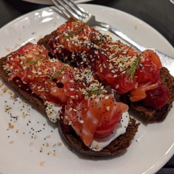 Terrace Cafe - a slice of toast with salmon and sour cream - New American Near Me - New York, New York Terrace Cafe - a slice of toast with salmon and sour cream - New American Near Me - New York, New York