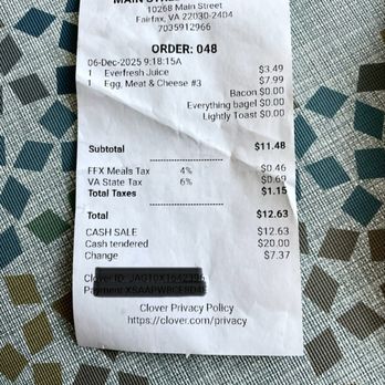Main Street Bagel Deli - I paid less than $13 for a bacon egg cheese on ET bagel sando and a bottle of juice - these days, that's good value - sando was DEEELISH - Delis Near Me - Fairfax, Virginia