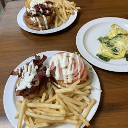 The Cacklin' Hen - Chicken bacon ranch sandwiches with fries. Along with a spinach omelette