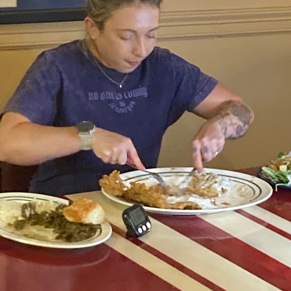Katina of "Katina Eats Kilos" taking on the Chicken Fried Steak Challenge Katina of "Katina Eats Kilos" taking on the Chicken Fried Steak Challenge