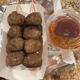 Meatballs with sweet chili sauce on the side. These meatballs are gluten free and great